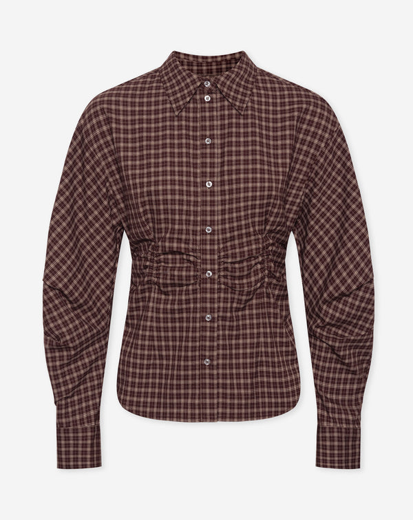 RAYA GATHERED WAIST CHECK BLOUSE BURGUNDY