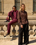 RAYA GATHERED WAIST CHECK BLOUSE BURGUNDY