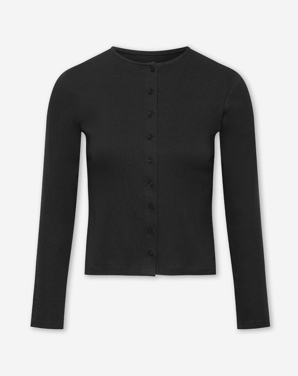 BUTTON UP RIB LONGSLEEVE TOP BLACK