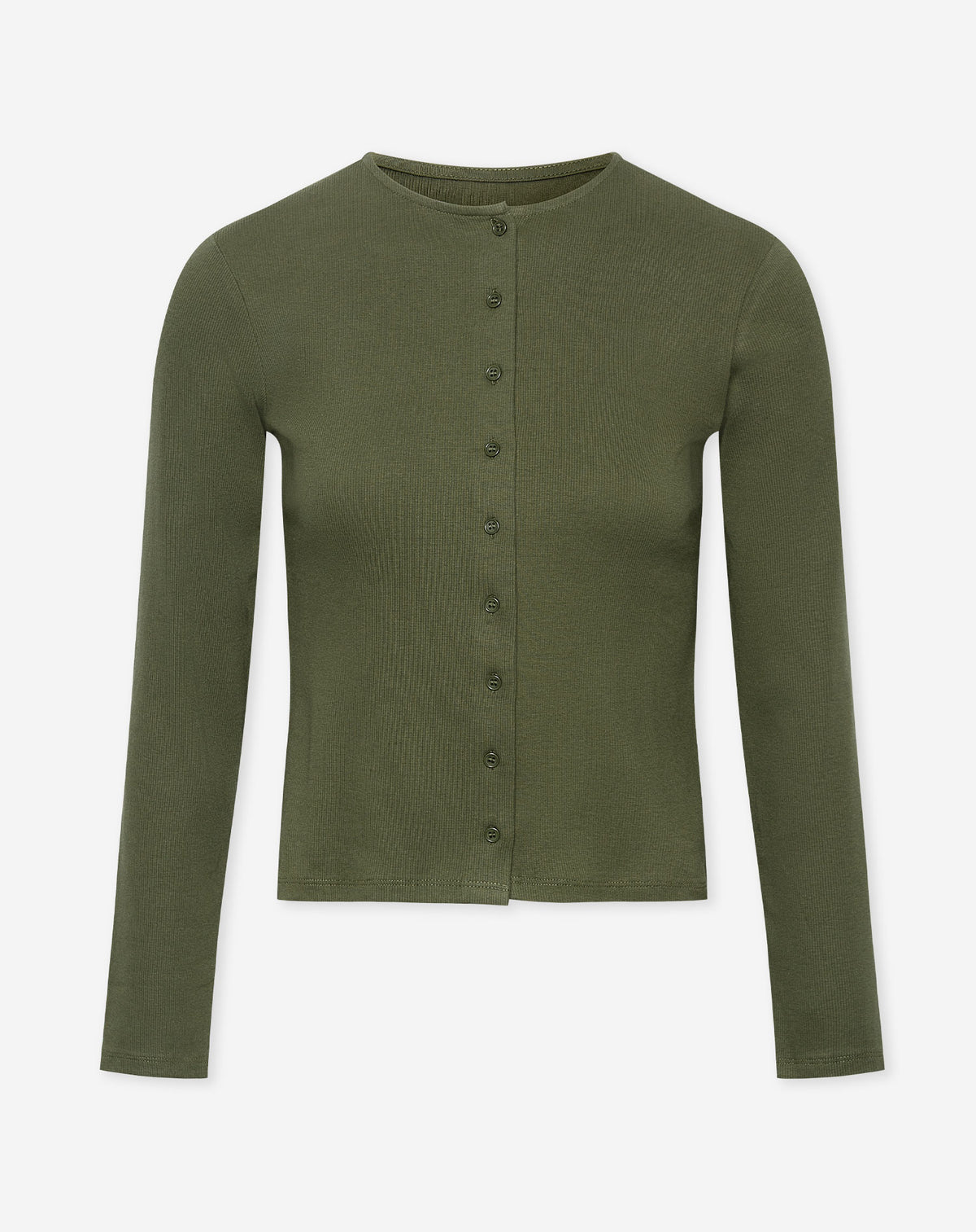 BUTTON UP RIB LONGSLEEVE TOP DONKER OLIJFGROEN