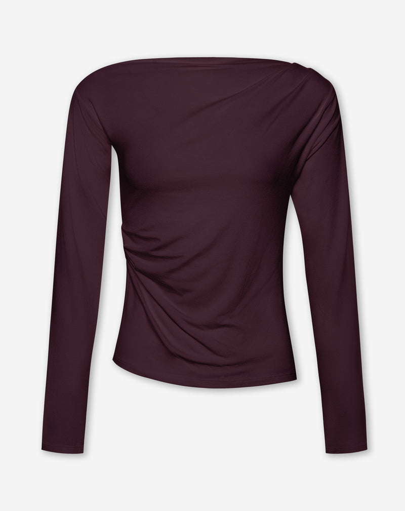 PAOLA PLEATED OFF SHOULDER LONGSLEEVE TOP DARK BURGUNDY