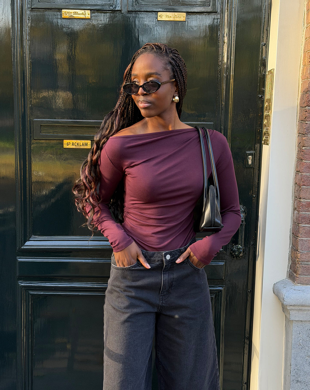 PAOLA PLEATED OFF SHOULDER LONGSLEEVE TOP DARK BURGUNDY