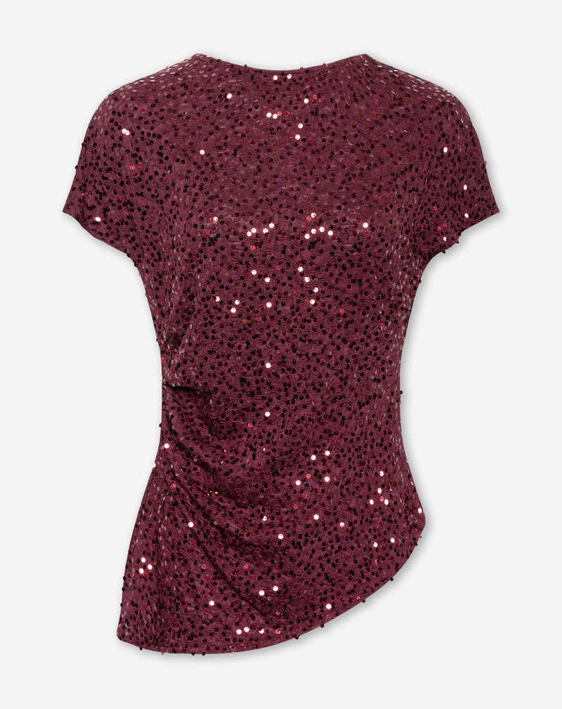 TAISA STRUCTURE SEQUINS ASYMMETRIC TOP BURGUNDY
