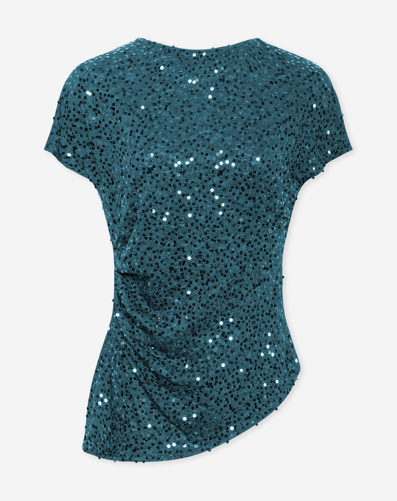 TAISA STRUCTURE SEQUINS ASYMMETRIC TOP TEAL