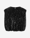 JOIA SEQUINS SMALL FLOWER BUBBLE HEM TOP ZWART
