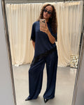 CARRIE ASYMMETRIC SATIN LACE TOP NAVY