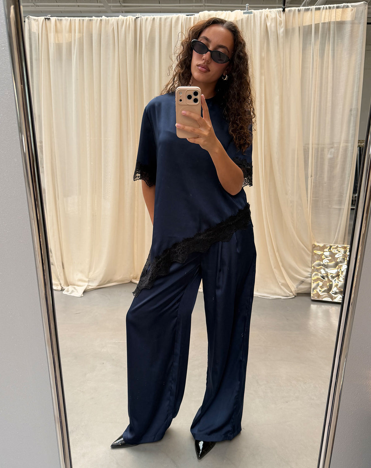 CARRIE ASYMMETRIC SATIN LACE TOP NAVY