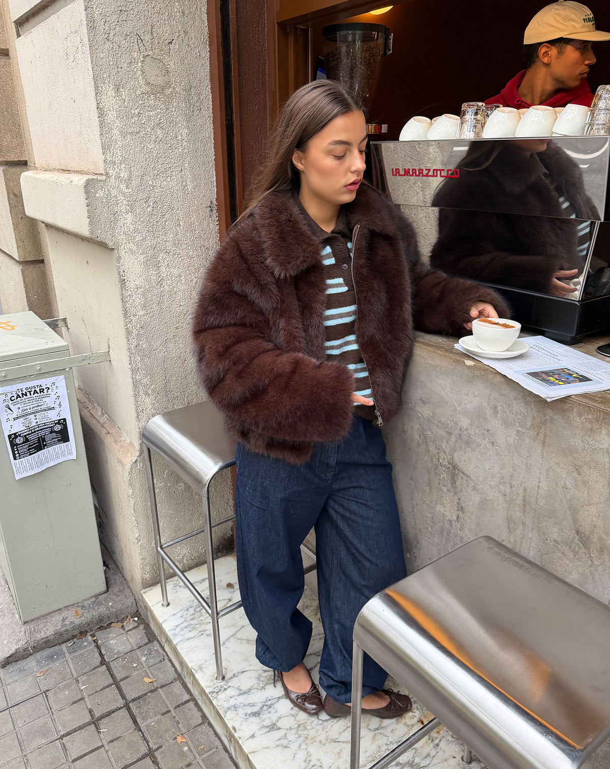 FAUX FUR ZIPPER COAT BROWN