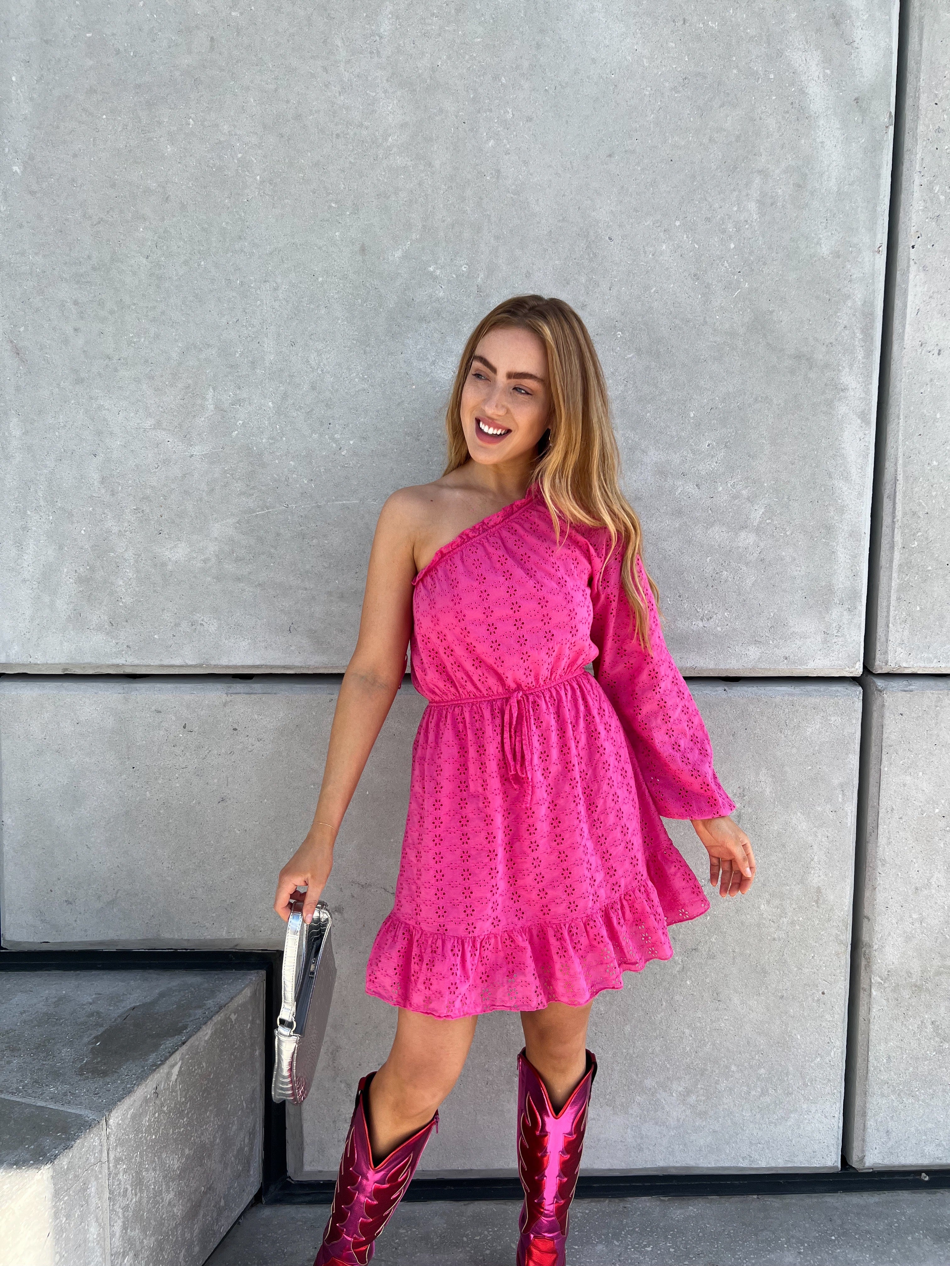 BRODERIE ONE SLEEVE DRESS FUCHSIA