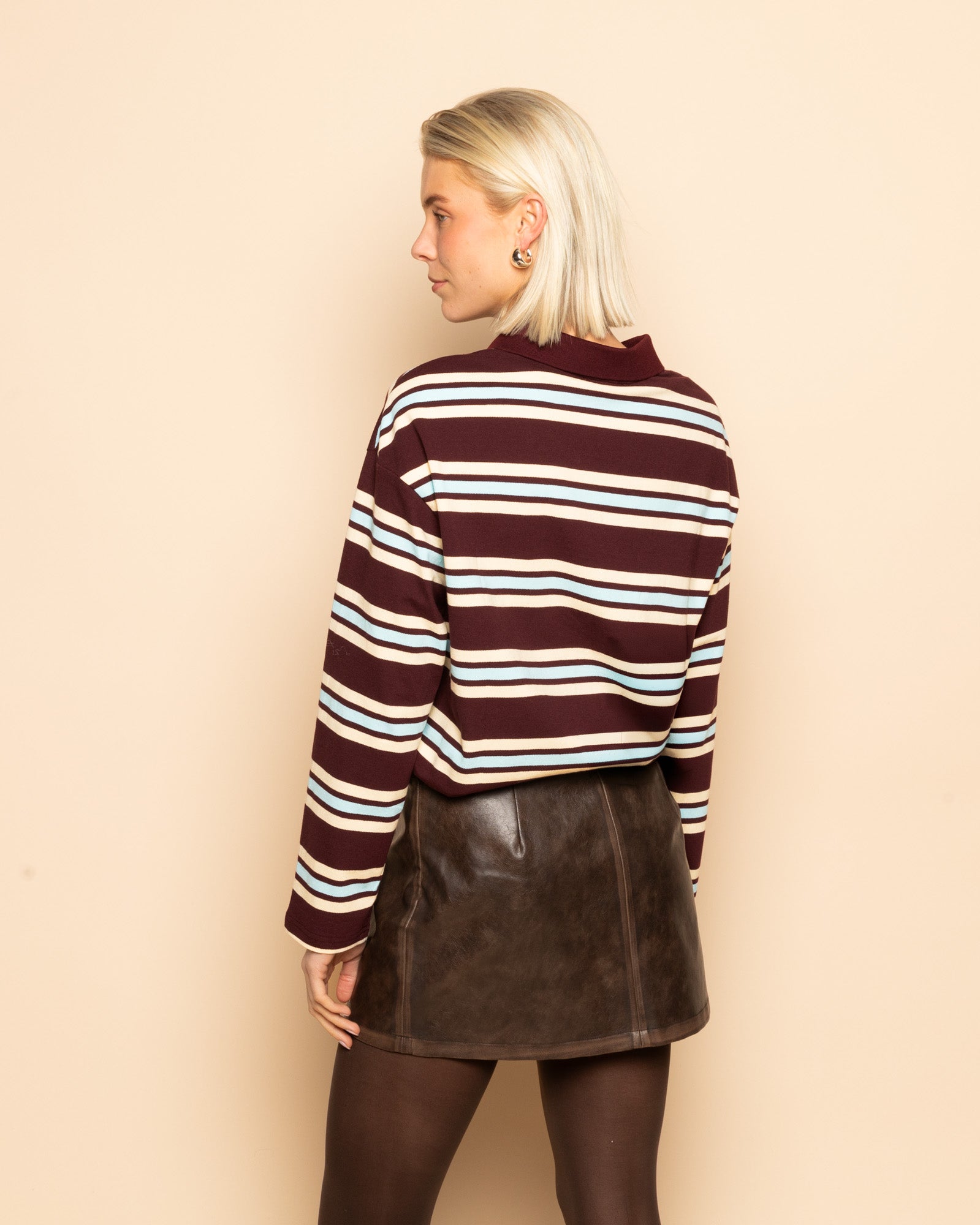 SHELLY STRIPED LONG SLEEVE OVERSIZED POLO BURGUNDY