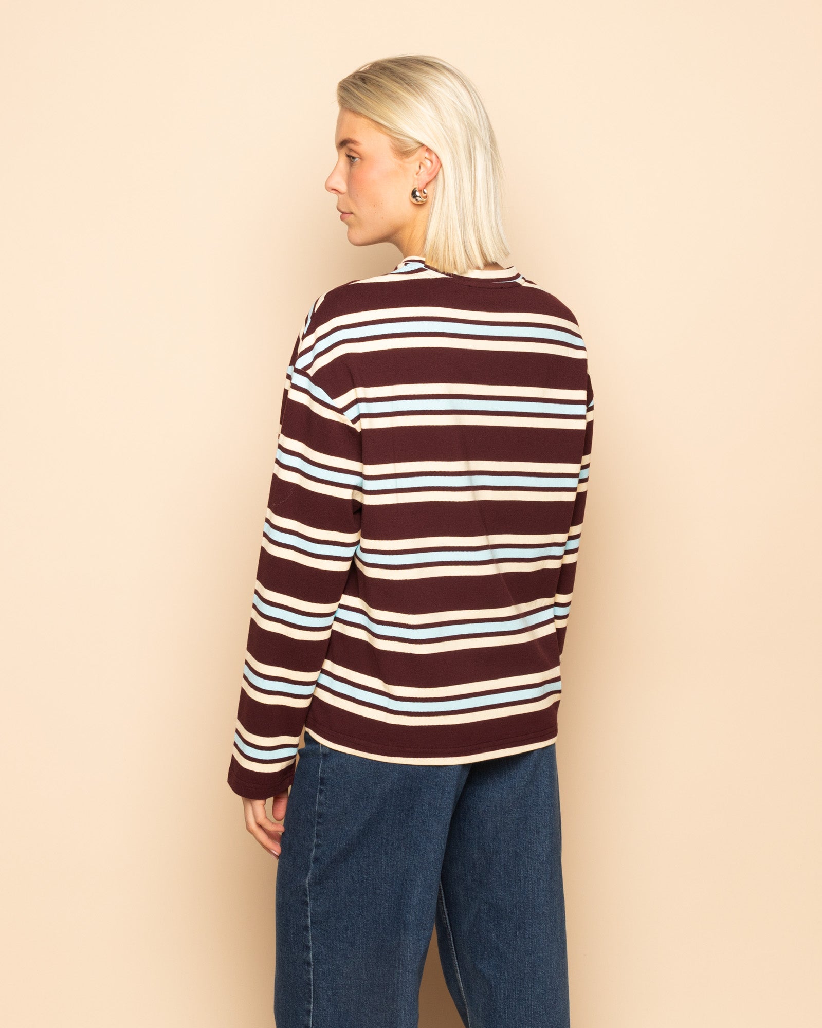 LAINE STRIPED LONG SLEEVE OVERSIZED TEE BURGUNDY