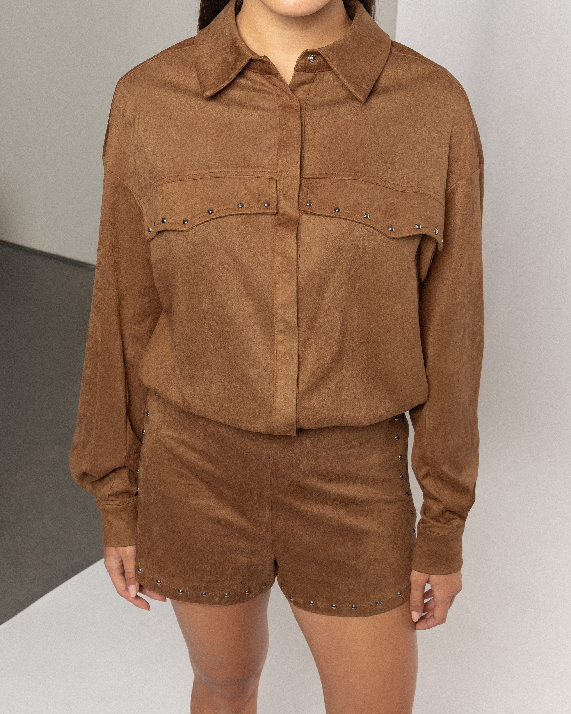 ROWAN SUEDE STUD BLOUSE CAMEL