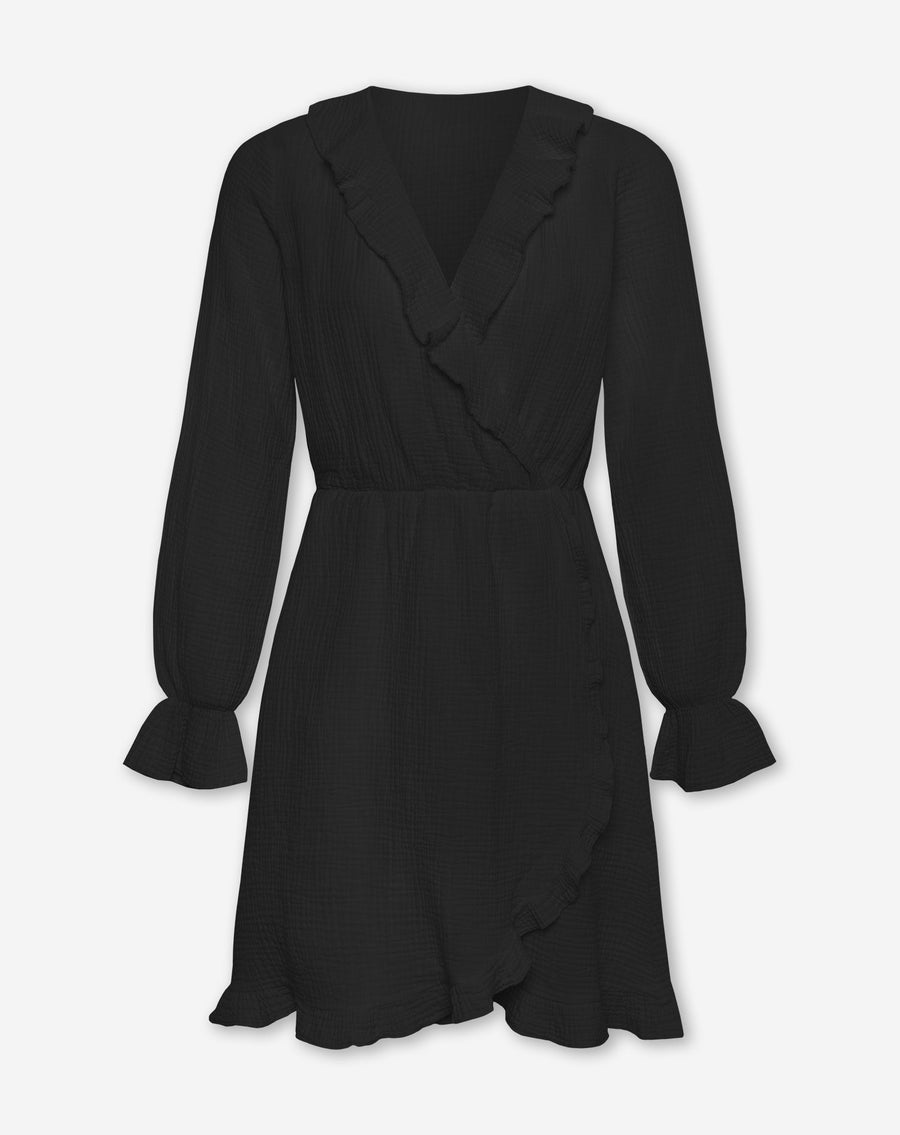 MOUSSELINE RUFFLE V-NECK WRAP DRESS BLACK