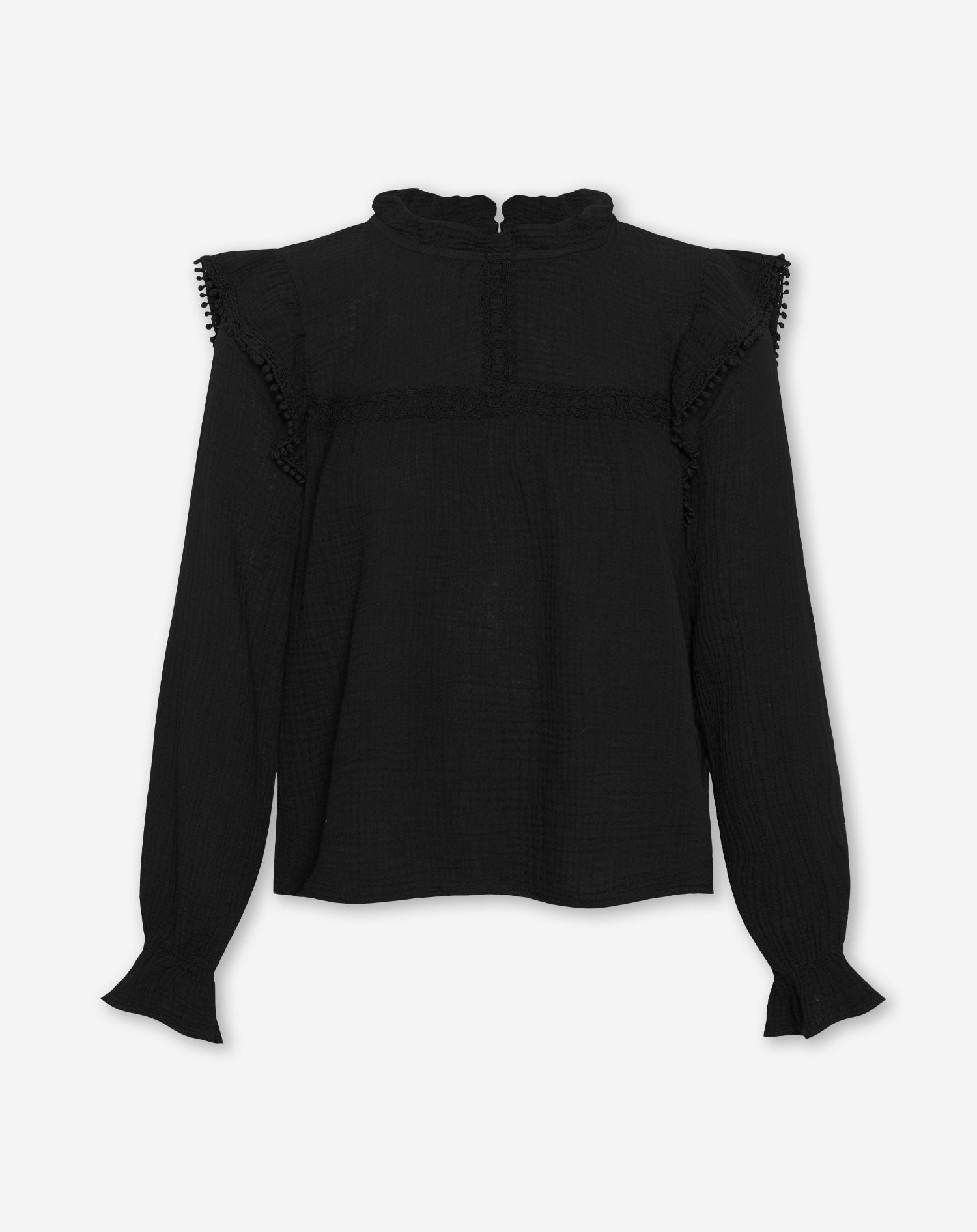 AMELIA TAPES RUFFLE TOP BLACK