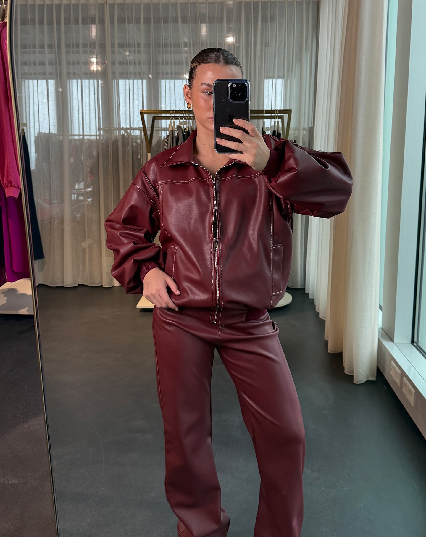 FAUX LEATHER CONTRAST STITCHING JACKET BORDEAUX