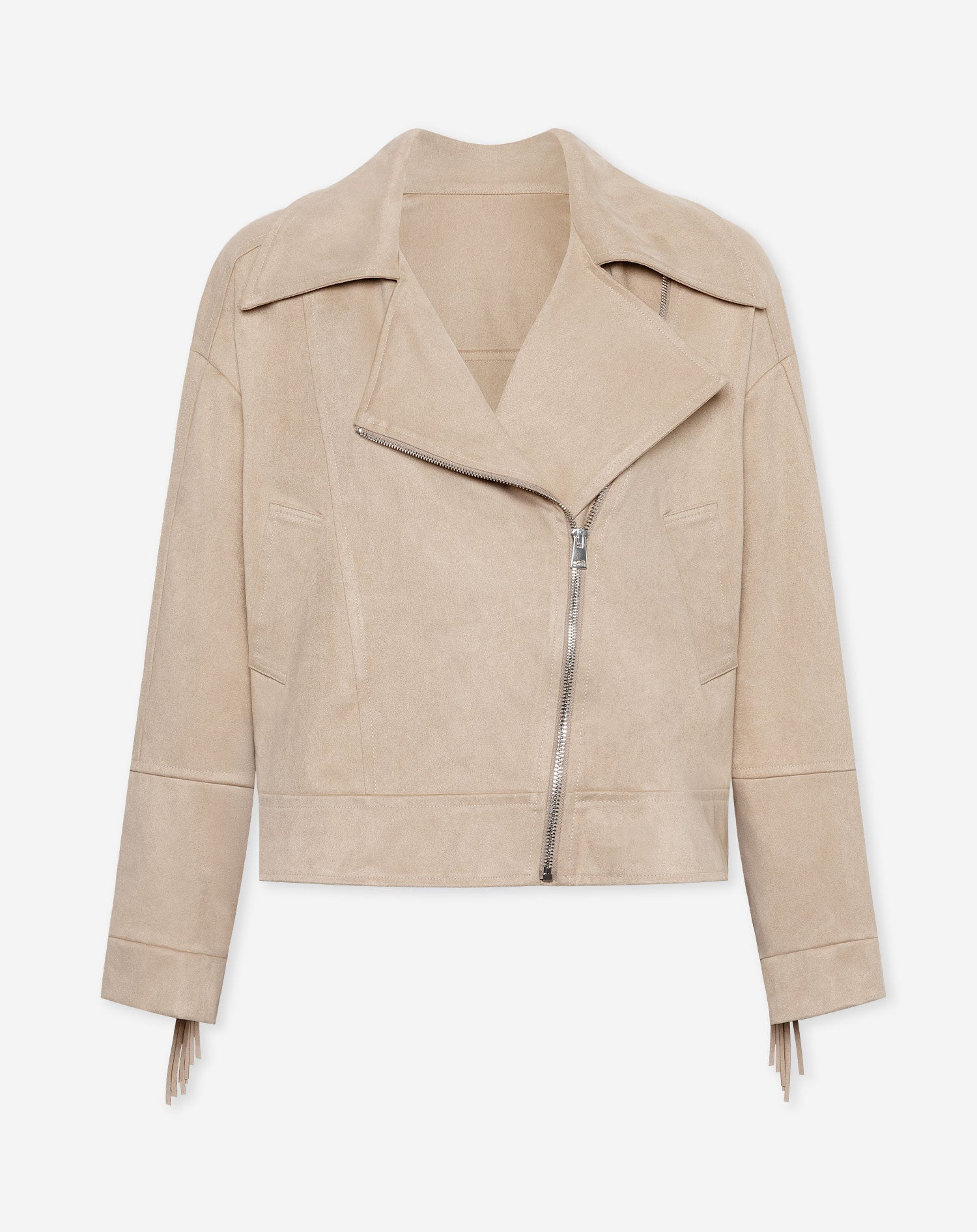 FAUX SUEDE FRINGE JACKET BEIGE | Most Wanted