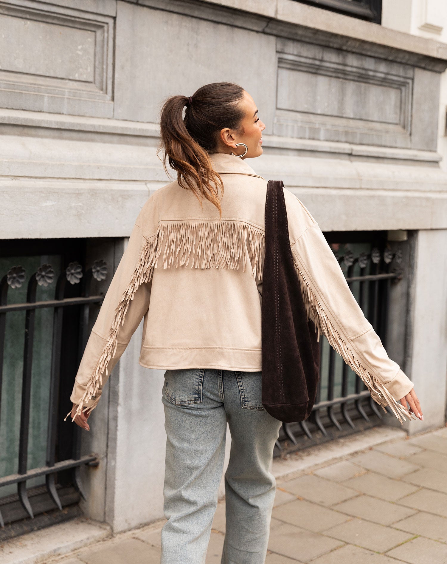 FAUX SUEDE FRINGE JACKET BEIGE | Most Wanted