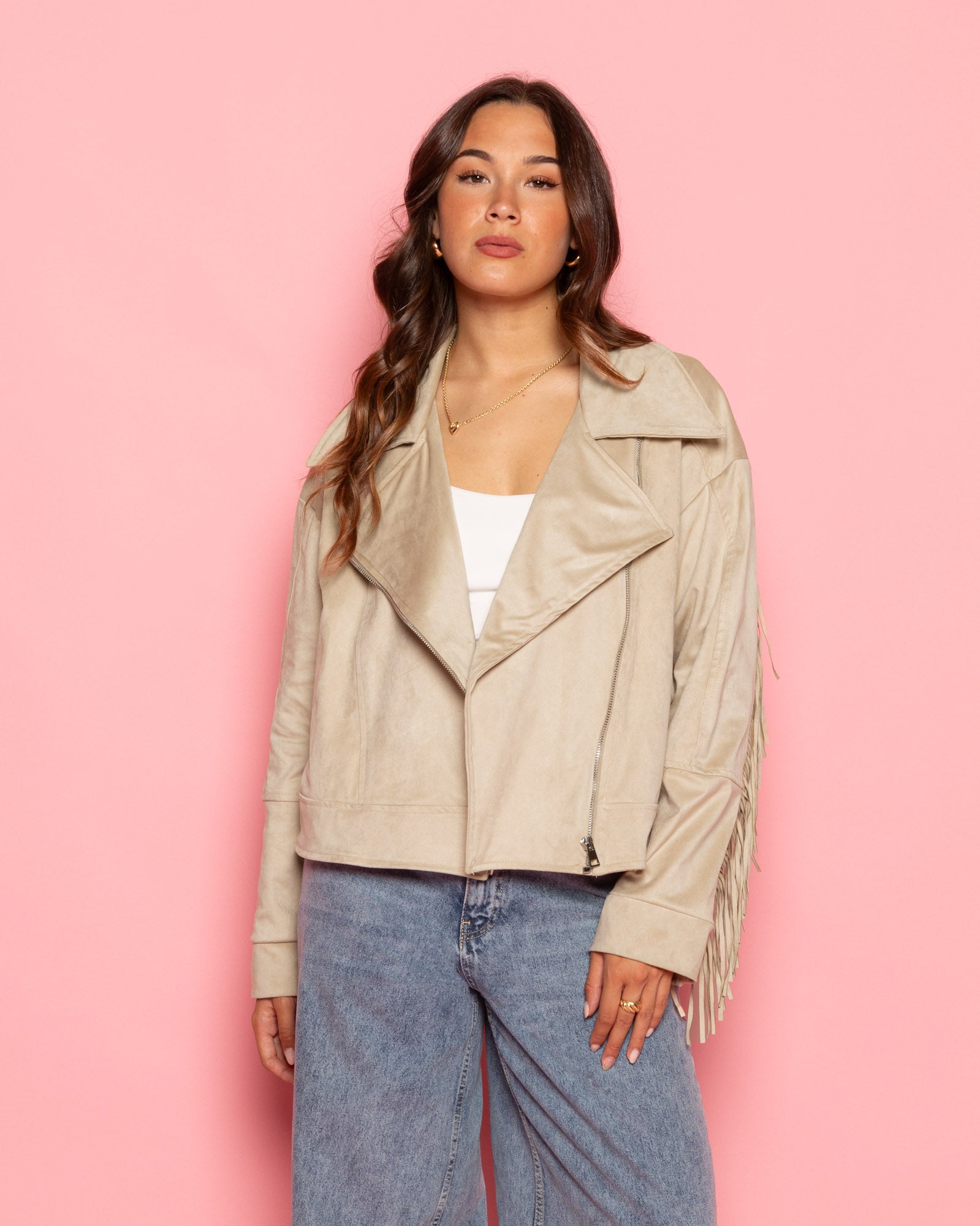 FAUX SUEDE FRINGE JACKET BEIGE | Most Wanted