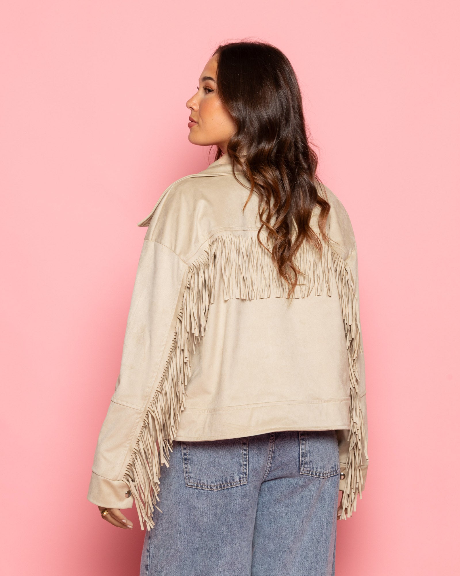 FAUX SUEDE FRINGE JACKET BEIGE | Most Wanted