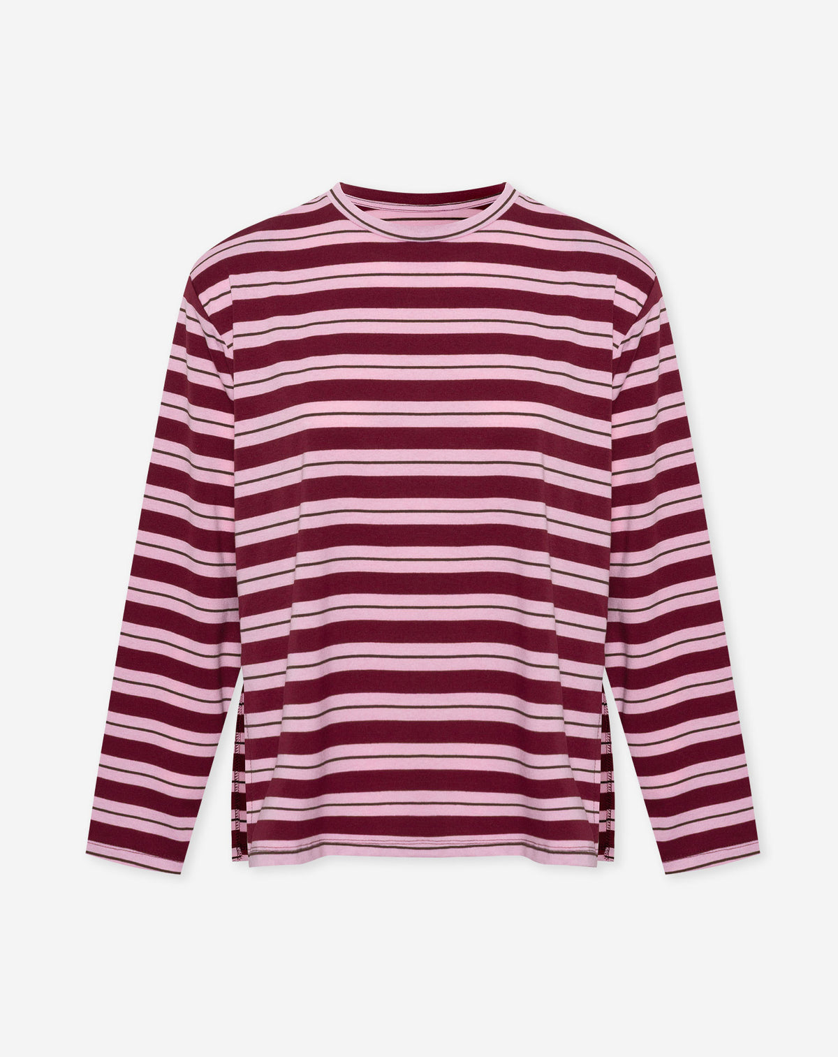 STRIPE PADDED SHOULDER LONG SLEEVE TEE  BURGUNDY
