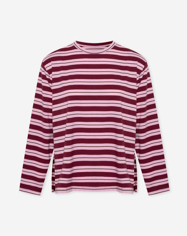 STRIPE PADDED SHOULDER LONG SLEEVE TEE  BURGUNDY