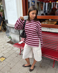 STRIPE PADDED SHOULDER LONG SLEEVE TEE  BURGUNDY
