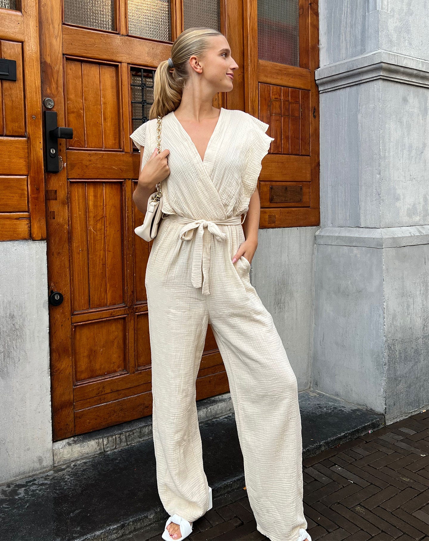 Beige jumpsuit sales